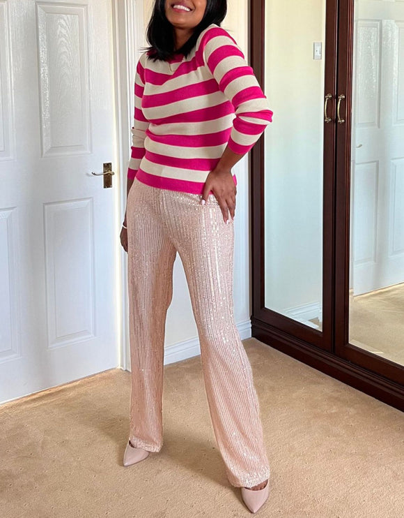 Lea Striped Crew Neck Fine Knit Sweater hot pink and off white