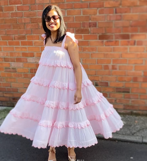 Scallop Frill Pink Maxi Dress