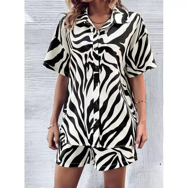 Zebra Print Shorts and Shirt Co ord Set Black and White