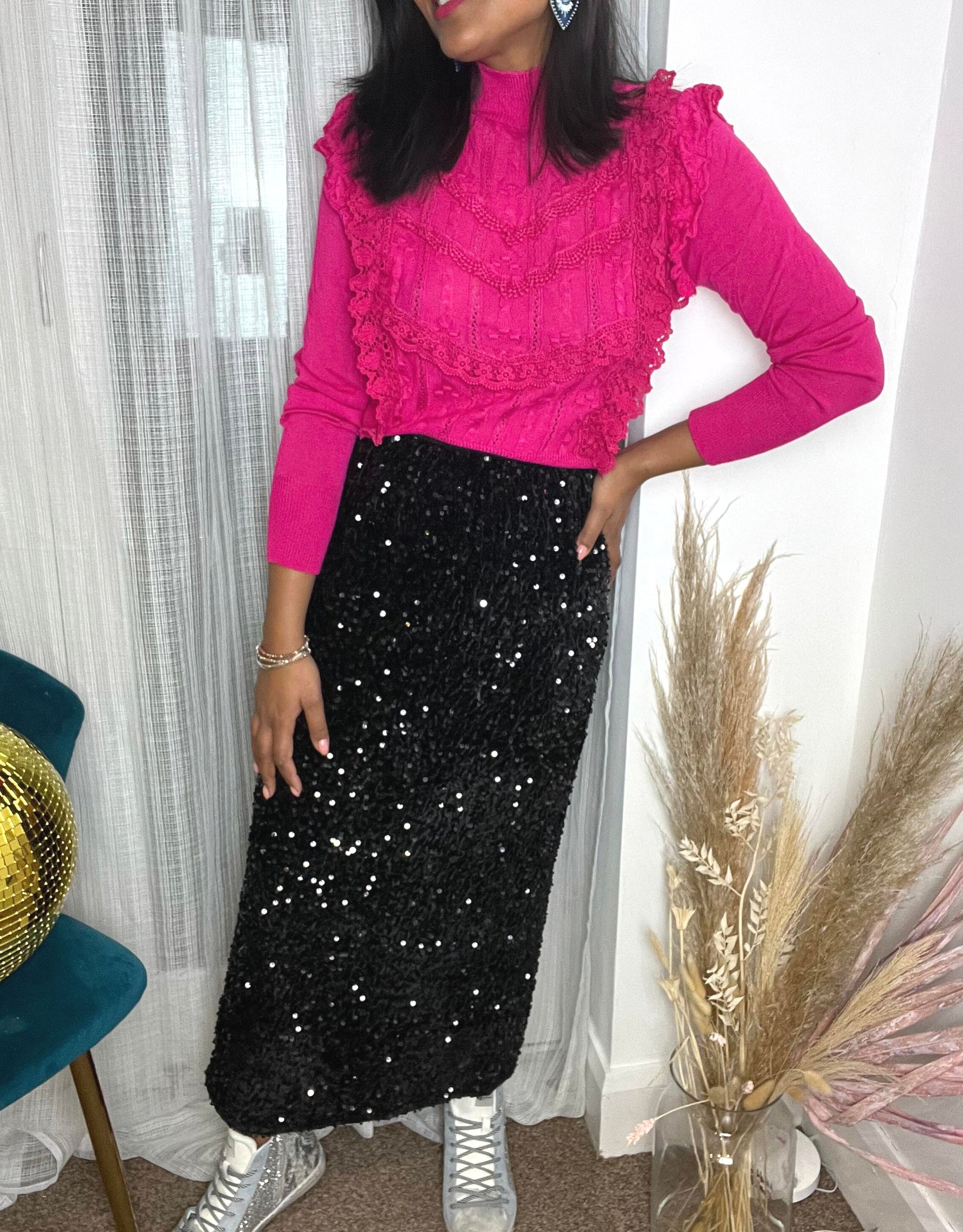 Black glitter long skirt online