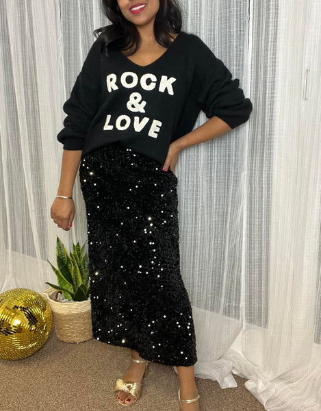 Black sequin maxi skirt outfit sale