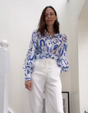 Abstract Print White and Blue Blouse One size