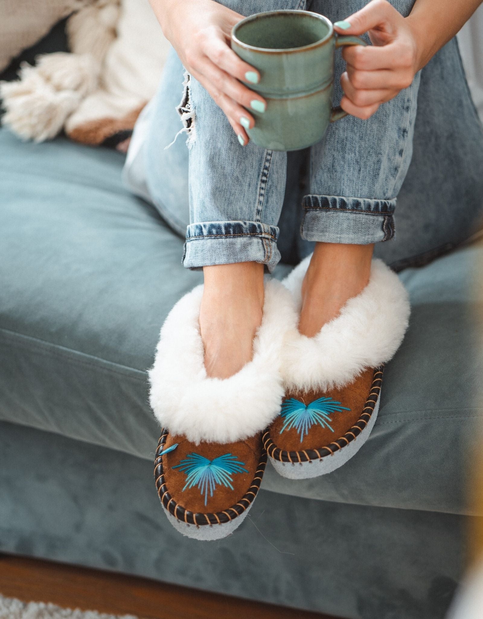 Embroidered sales sheepskin slippers