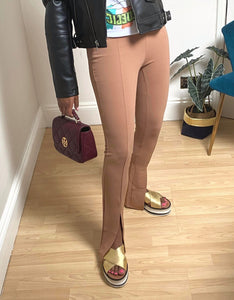 Split Front Fitted Camel Trousers