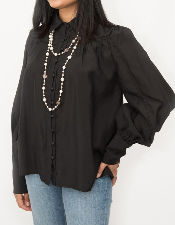 Black Cotton Blouse with Cuff Detail Size 8