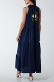 Navy Cheesecloth Sequinned Evil Eye Maxi Dress