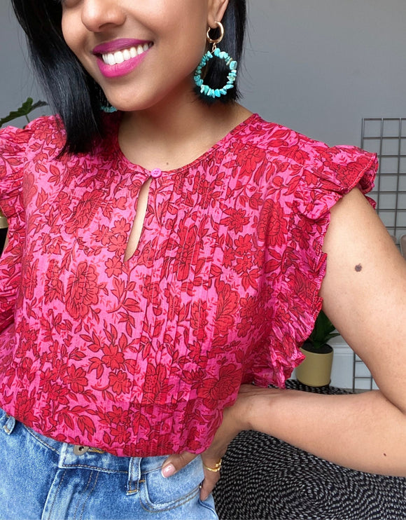Red and Pink Printed Silk Mix Sleeveless Top