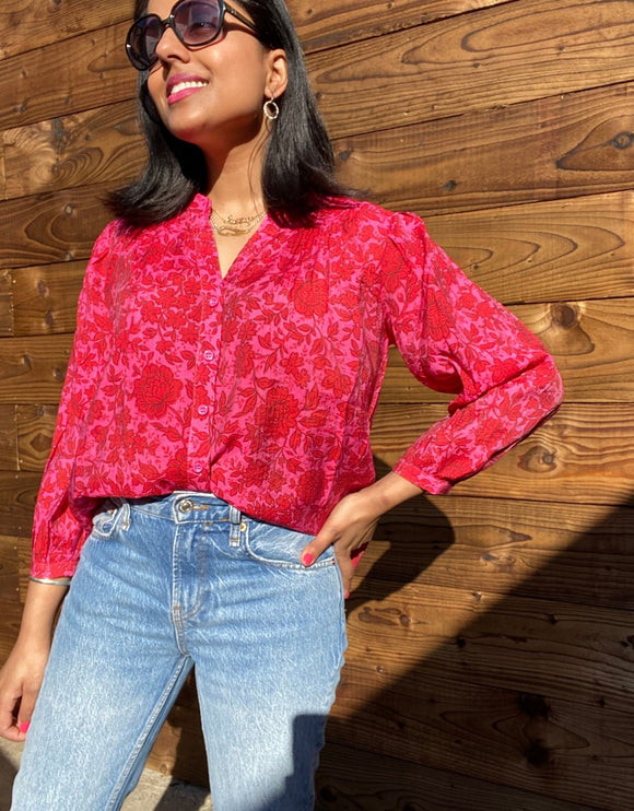 Pink and red summer silk blouse