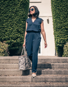 Navy Jumpsuit with Lace Cut Out Back